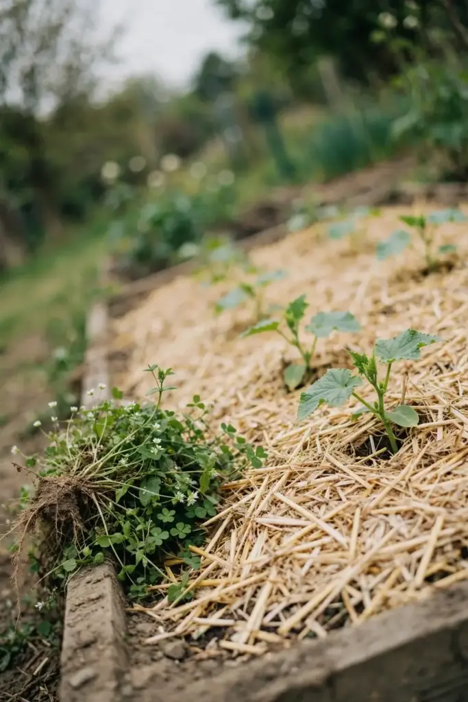 Freshly mulched vegetable bed with a small pile of pulled weeds at the edge.