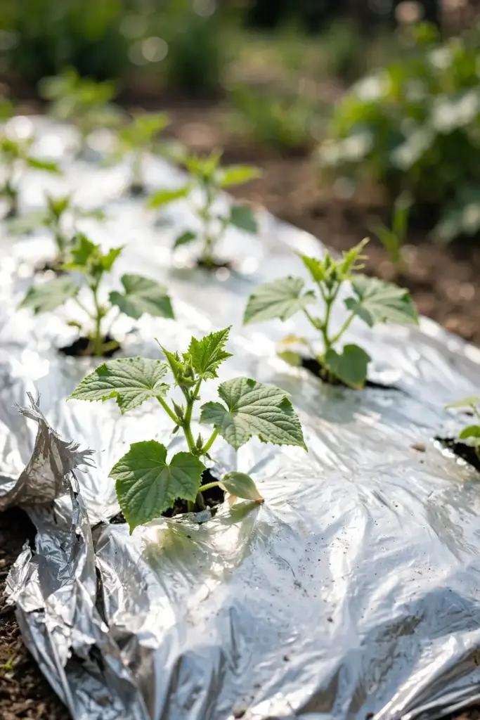 Vegetable bed with silver reflective mulch under young cucumber plants.