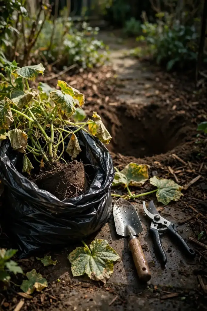 Pulled cucumber plant in a trash bag beside a disinfected trowel and shears.