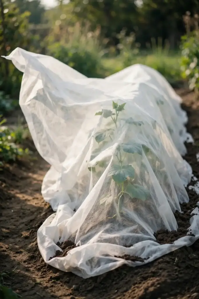 Floating row cover draped over a vegetable bed with edges anchored in soil.