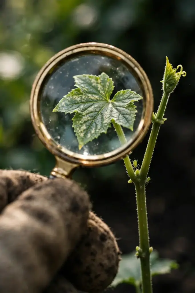 Magnifying glass over young cucumber leaves showing early mosaic mottling.