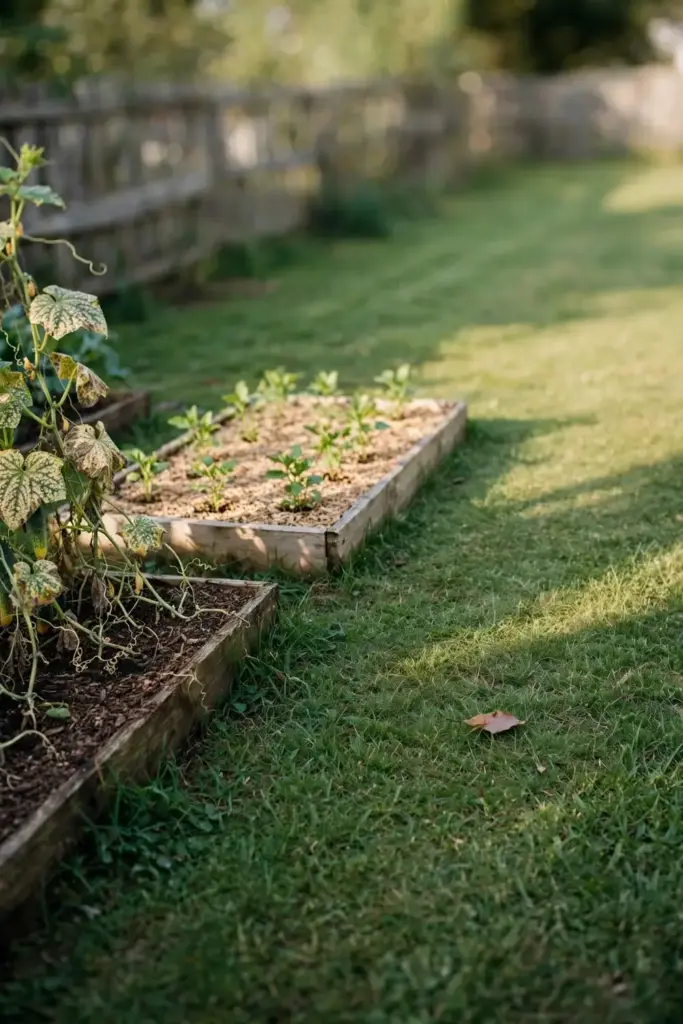 Two vegetable beds separated by a wide grass path, old planting and new planting.
