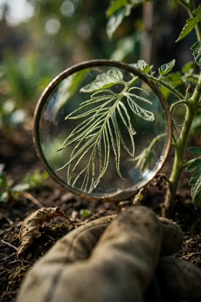 Magnifying glass over a tomato leaf narrowed to a shoestring by cucumber mosaic virus.