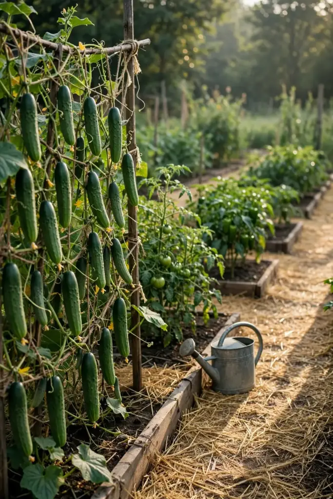 Thriving home vegetable garden with trellised cucumbers in morning light.