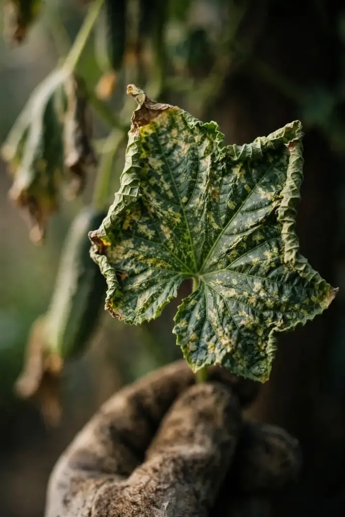 Mottled cucumber leaf held up by a worn garden mitt for a triage decision.