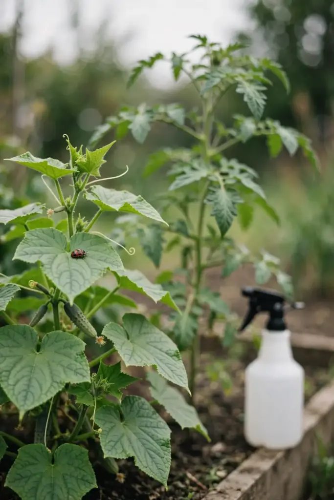 Unsprayed vegetable bed with a spray bottle resting unused at the bed edge.