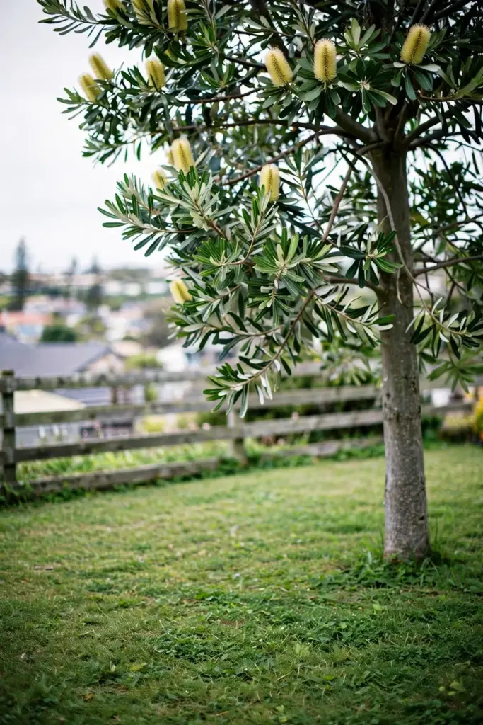 Coast banksia tree with pale yellow spikes above a coastal garden