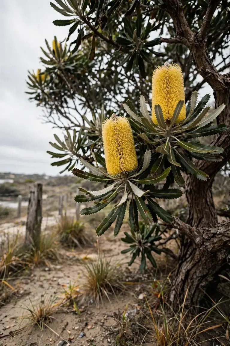 Coastal banksia tree with yellow flower spikes and silver-backed leaves
