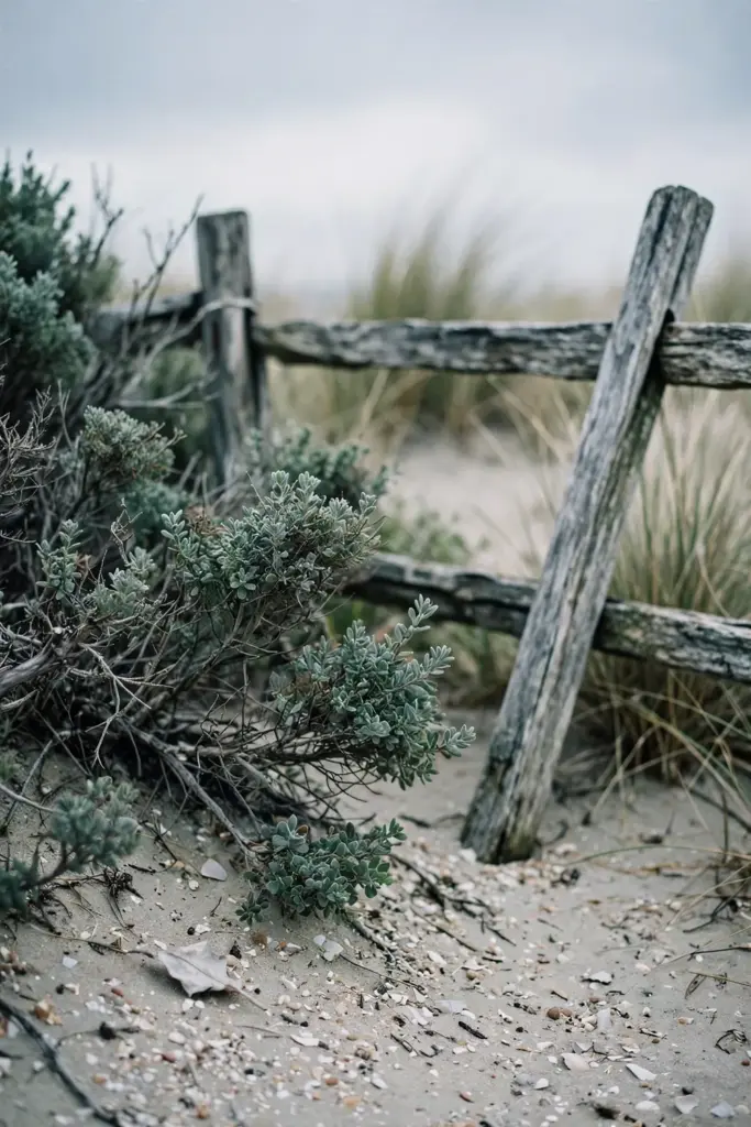 Coastal garden bed with sandy soil and dune plants behind a fence