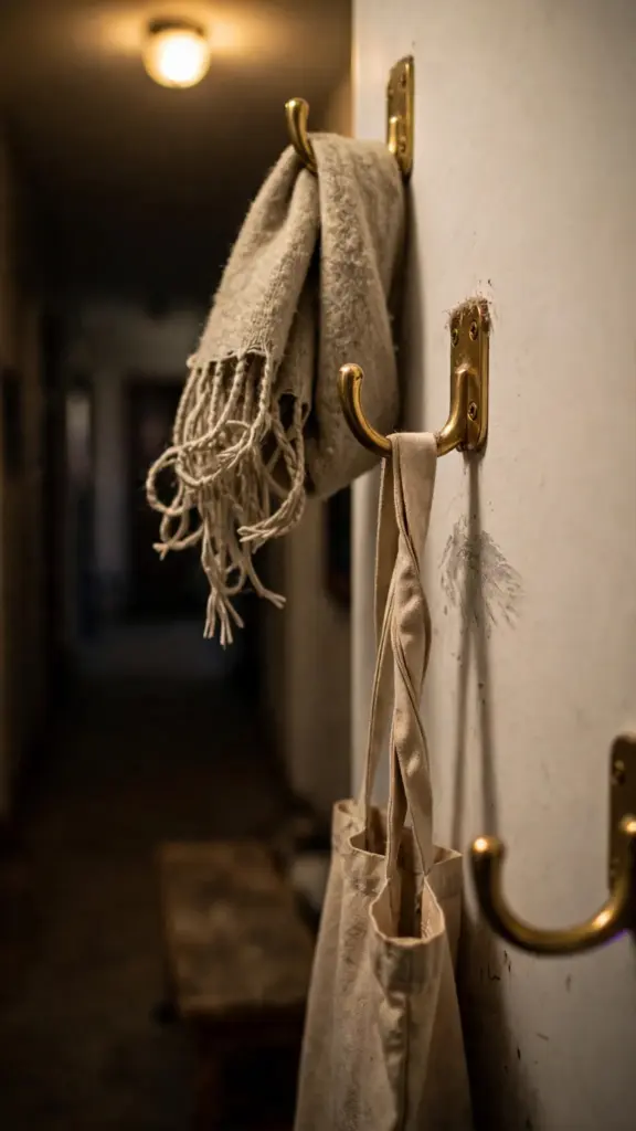 Wall coat hooks with a scarf, a tote, and one empty hook