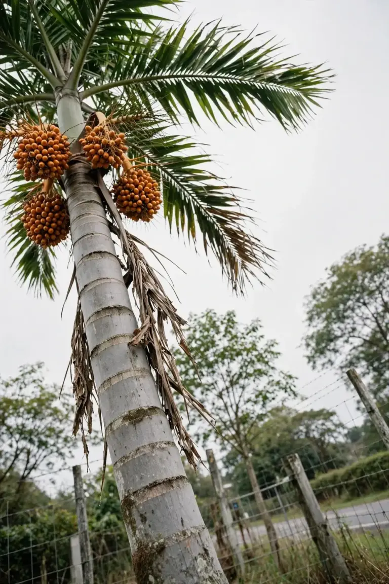 Tall Cocos palm with hanging orange fruit clusters near a fence
