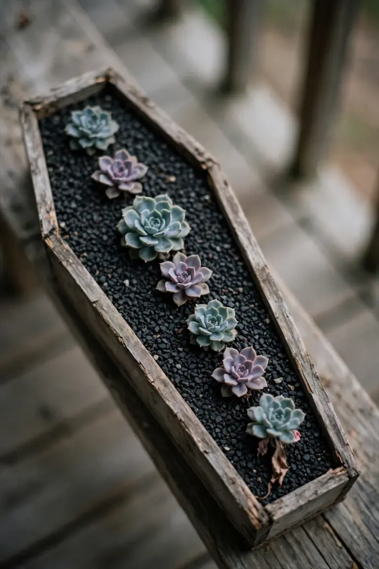 Small coffin-shaped wooden box planted with succulent rosettes over black gravel