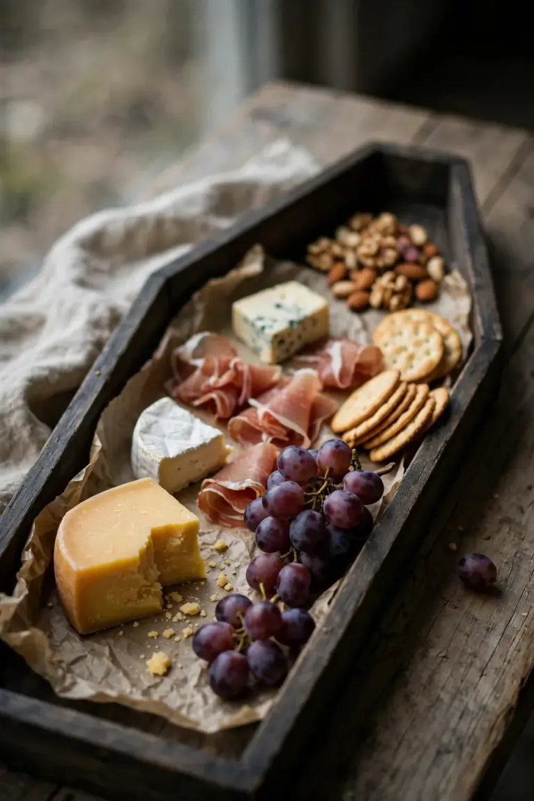 Cheese, cured meats, grapes and crackers on parchment over a coffin-shaped wooden tray