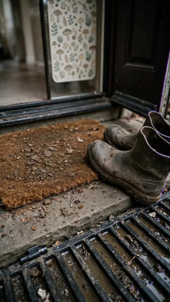 Coir doormat and rubber boot tray with muddy boots at a front door