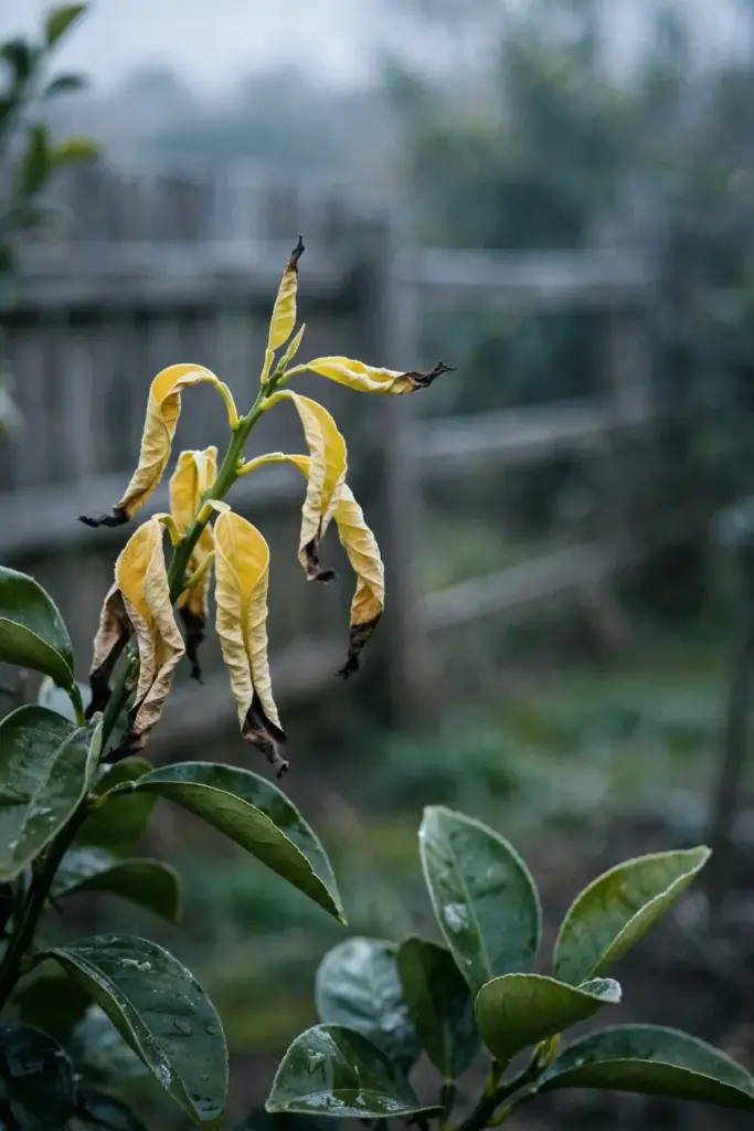 Yellowed young citrus flush with blackened tips after frost