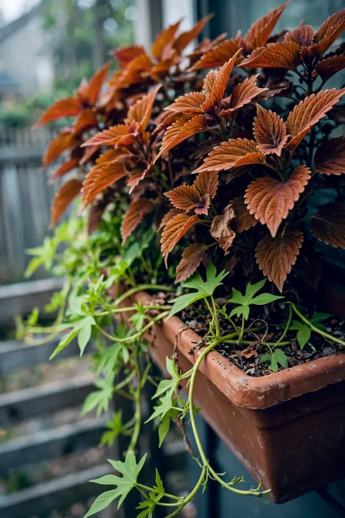 Copper coleus and lime-green sweet potato vine trailing from a box