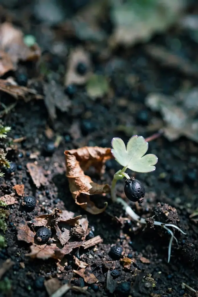 Tiny columbine seeds on leaf-littered soil with a first sprout