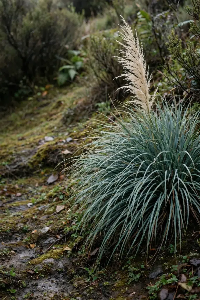 Tall common tussock grass with a delicate feathery plume above blue-green leaves