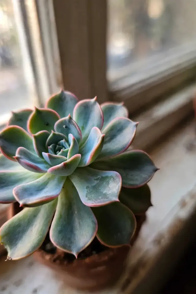 Close-up of a mature compact echeveria rosette with vivid color from steady indoor care