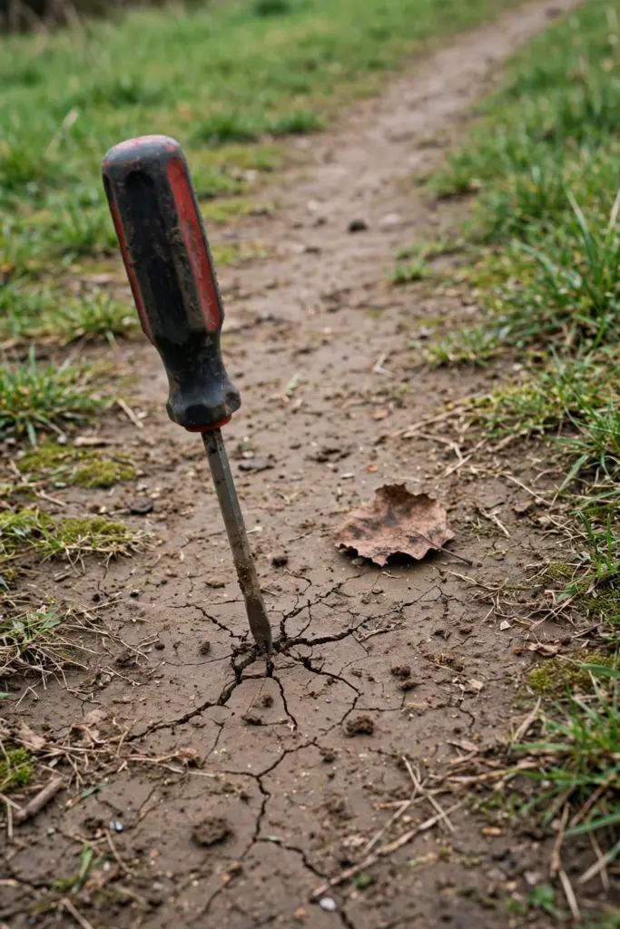 Screwdriver pressed into hard soil on a worn brown path across a lawn