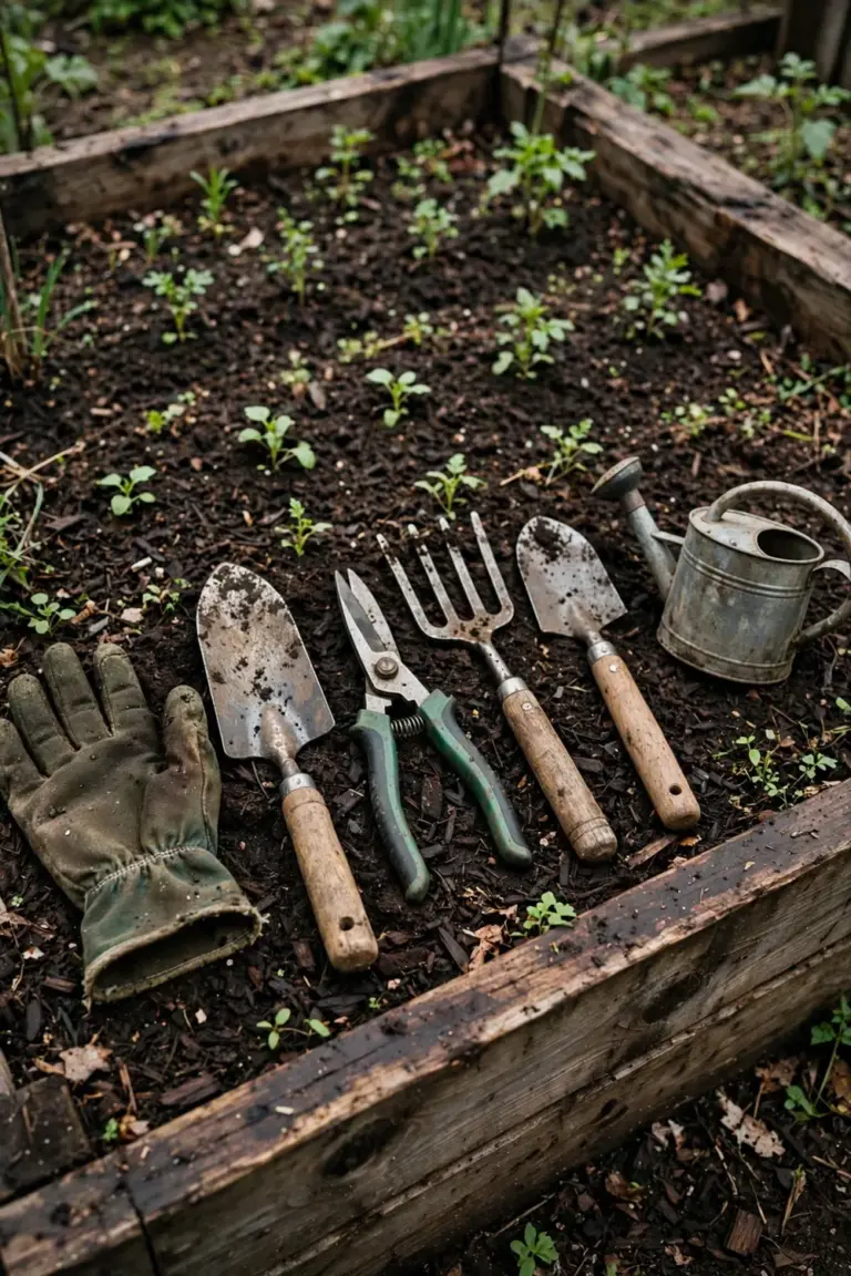 Complete six-tool garden kit laid out on a raised garden bed