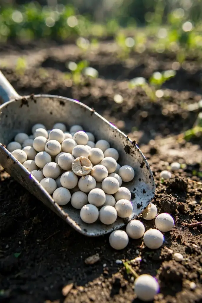 Pale fertilizer prills in a metal scoop at the bed edge