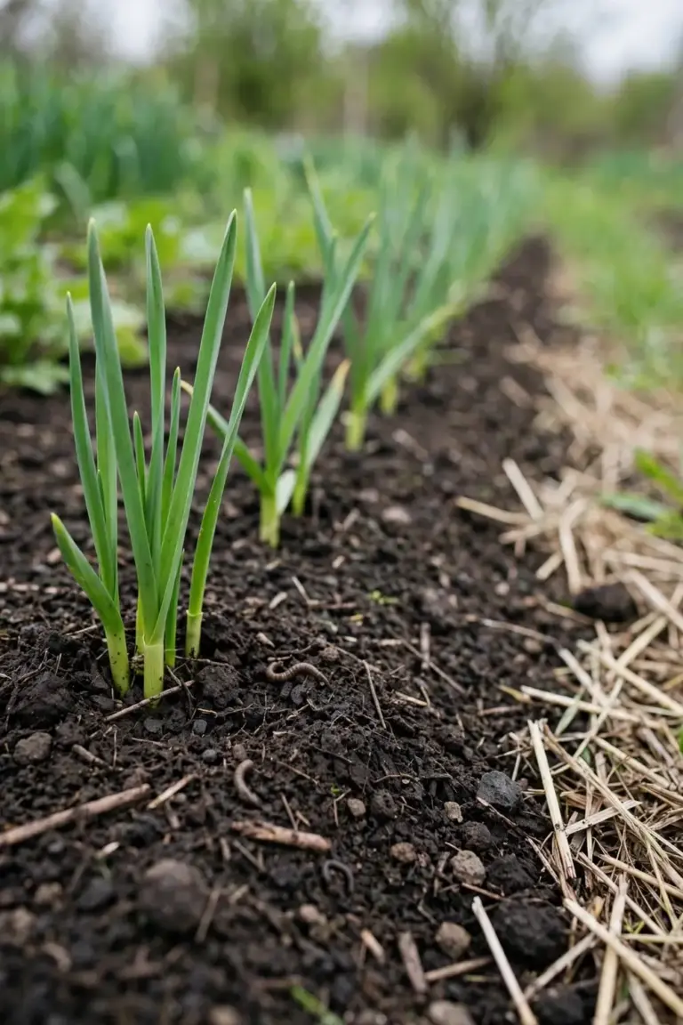 Compost spread around young garlic shoots in spring