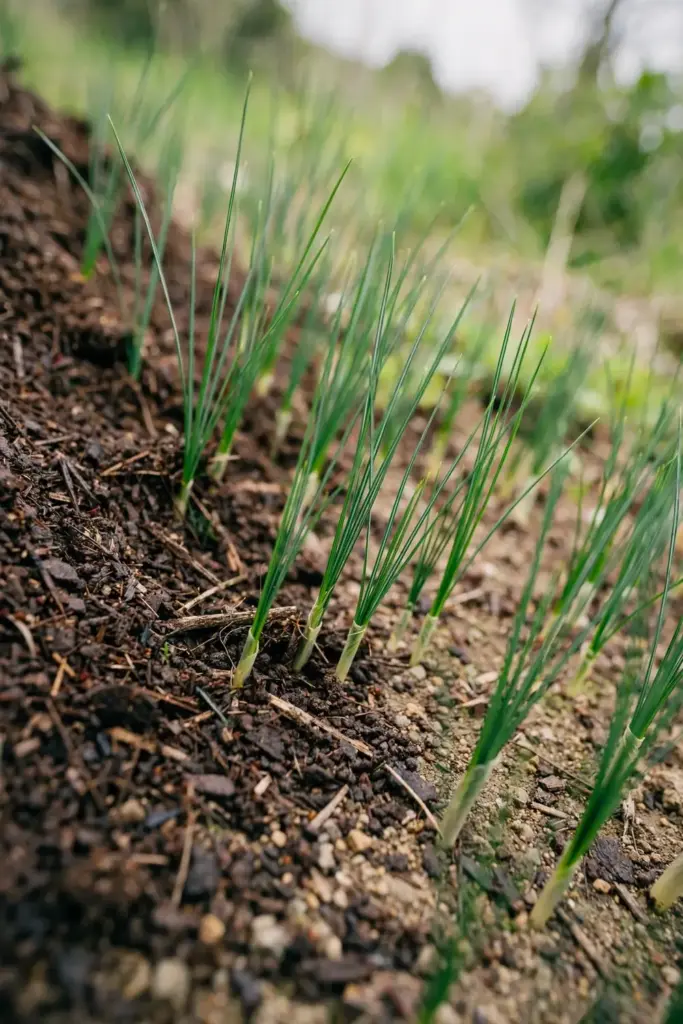 Dark compost spread lightly around green saffron crocus leaves