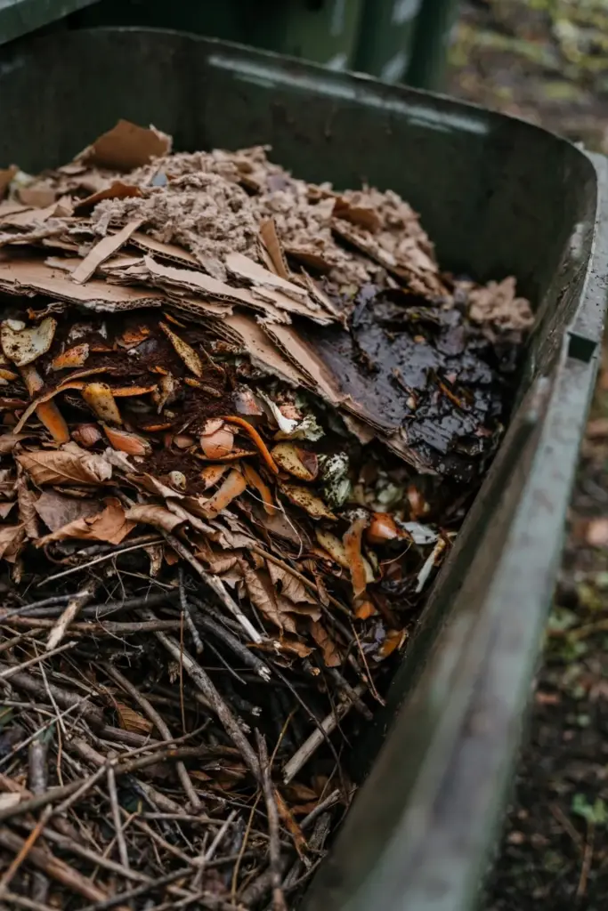 Open compost bin showing twig base, dry leaves, kitchen scraps, and shredded cardboard layers