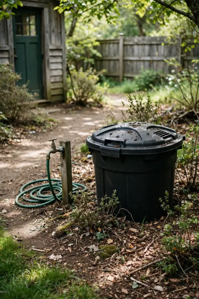 Compost bin on flat soil in partial shade near a garden tap with a coiled hose