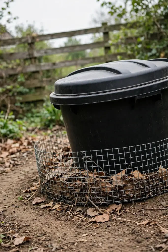 Compost bin with secure lid and wire mesh at its base on tidy soil