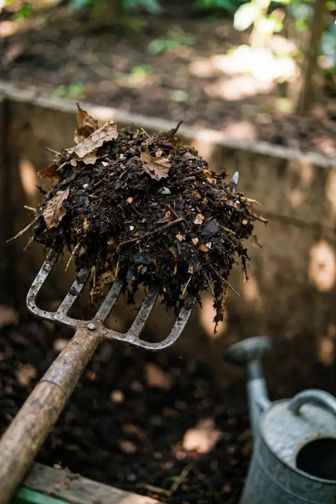Pitchfork lifting dark decomposing compost during a weekly turn