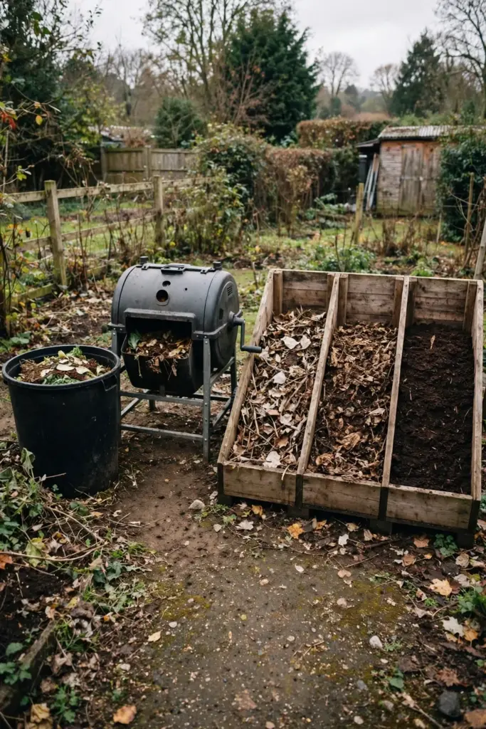 Three compost systems side by side: bottomless bin, tumbler drum, and timber heap bays