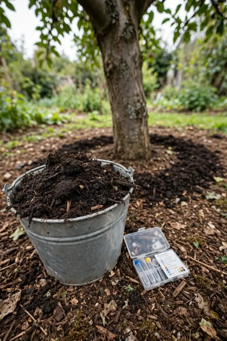 Bucket of compost beside an apple tree with a soil test kit on the ground