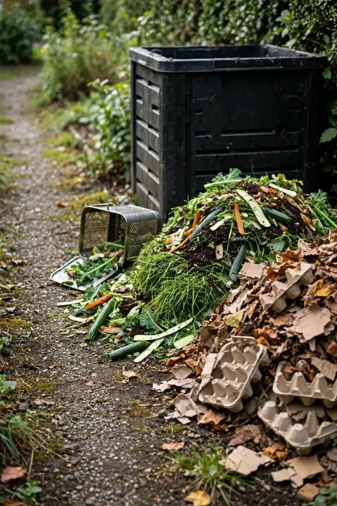Two piles of compost ingredients: fresh greens and dry browns beside a compost bin