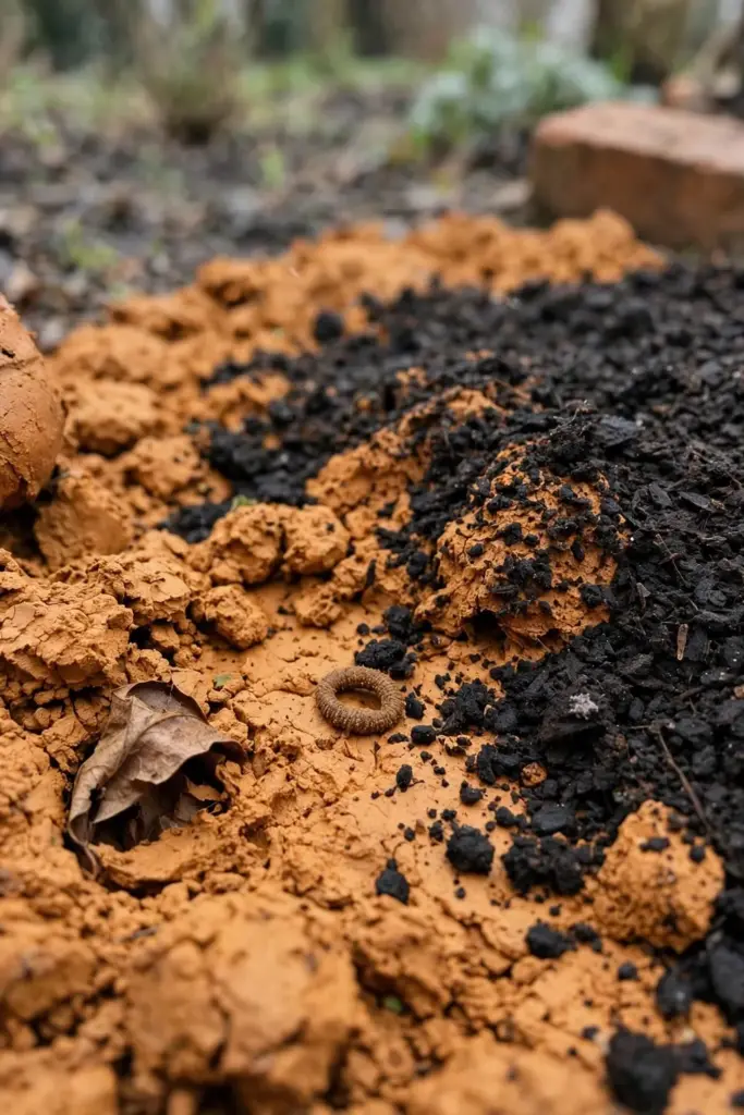 Dark compost crumbles half-mixed into heavy orange-brown clay soil