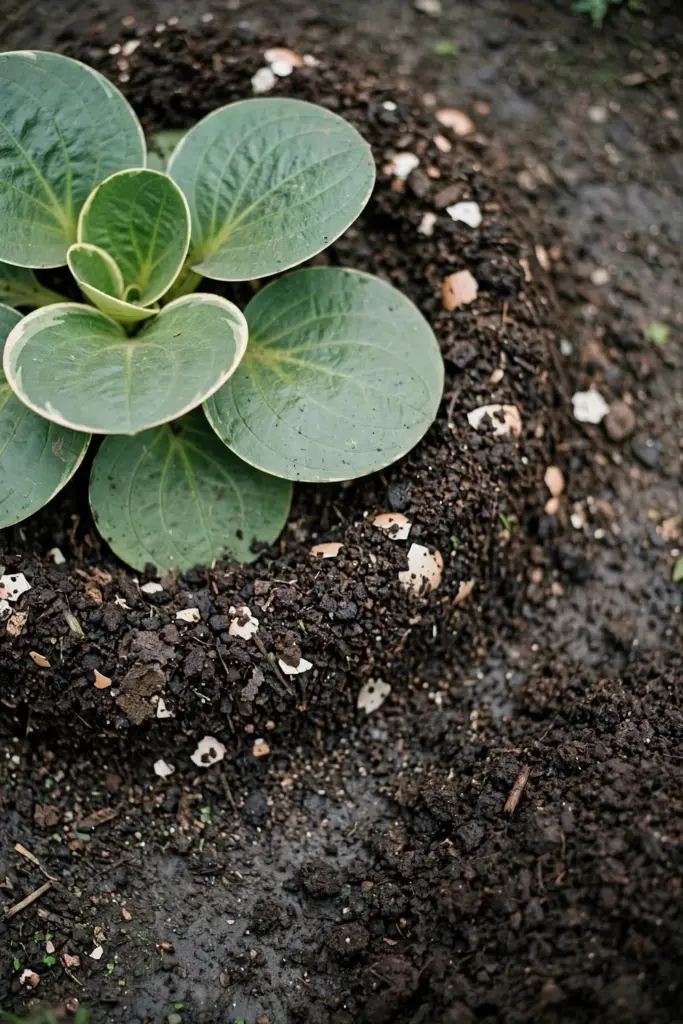 Kencur rosette ringed with a circle of dark compost mulch