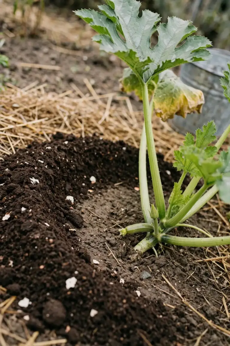Zucchini plant with a fresh ring of compost around its base