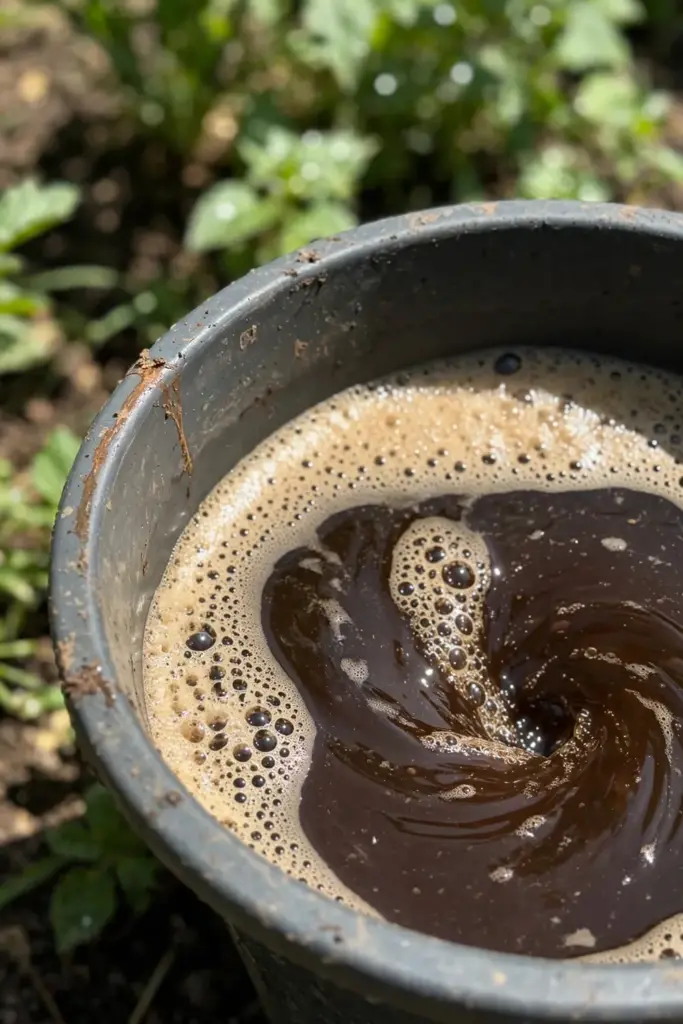 Bucket of frothy brown compost tea with bubbles rising