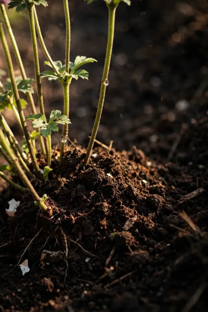 Compost top-dressing mounded around Japanese anemone stems, close-up
