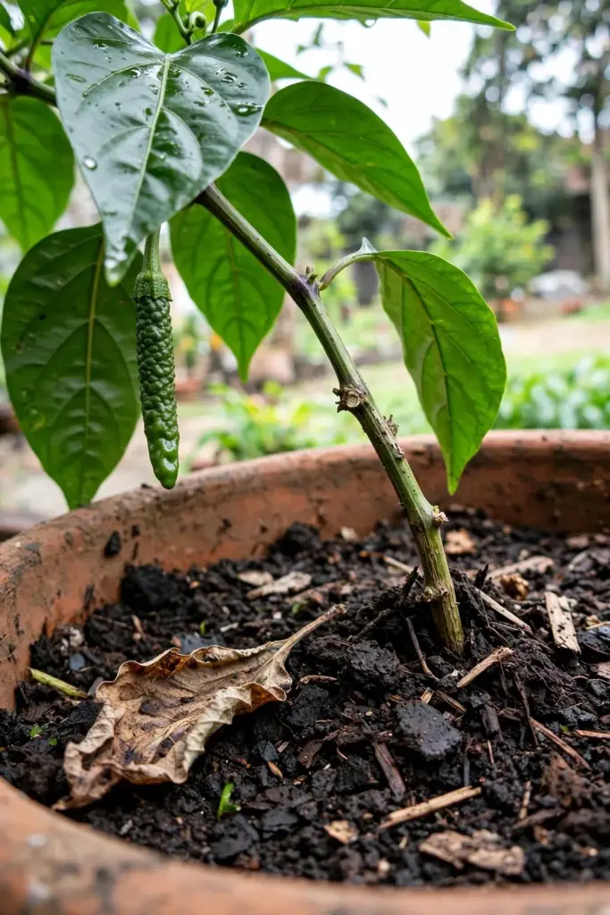 Compost top-dress around a Javanese long pepper stem base