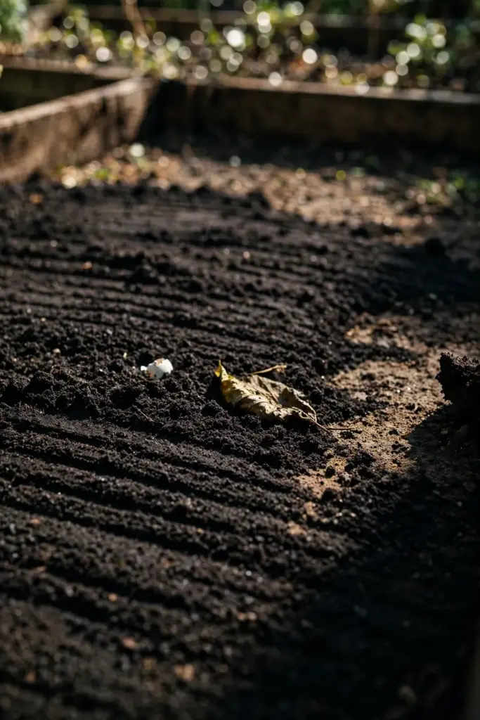 Finished compost spread in a dark even layer over bed soil