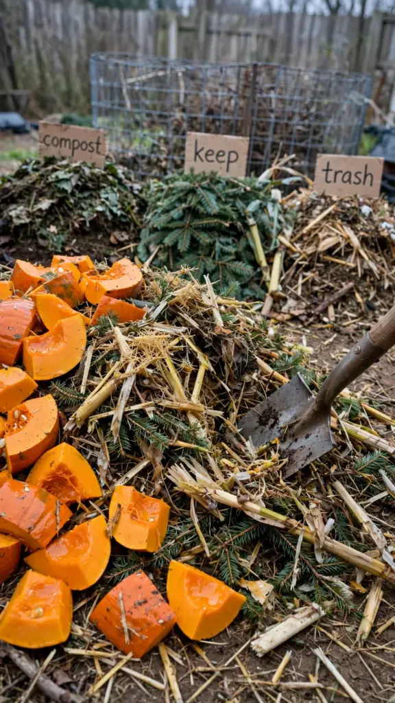 Chopped pumpkin chunks and corn stalks sorted into a compost pile