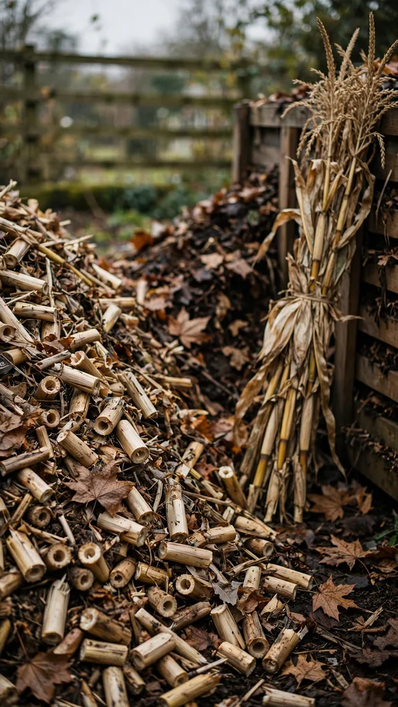 Corn stalks being chopped into a compost pile after Thanksgiving