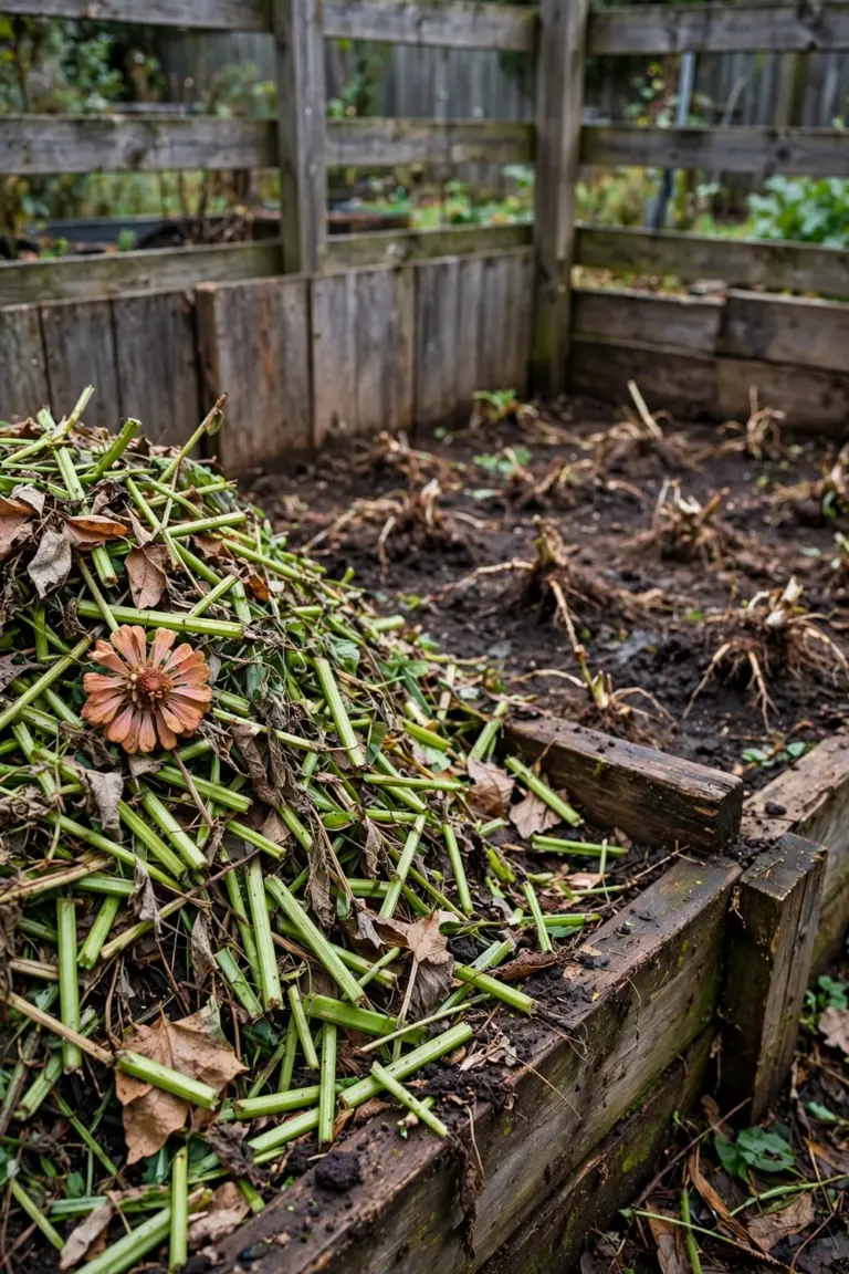 Chopped spent annual stems layered with dry leaves on a compost pile beside a cleared bed