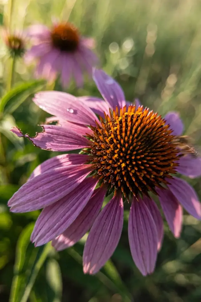 Purple coneflower with drooping petals and a spiky orange cone