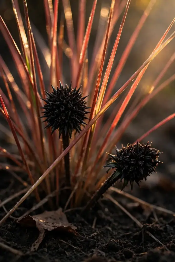 Echinacea seedheads rising against red-tinted ornamental grass stems