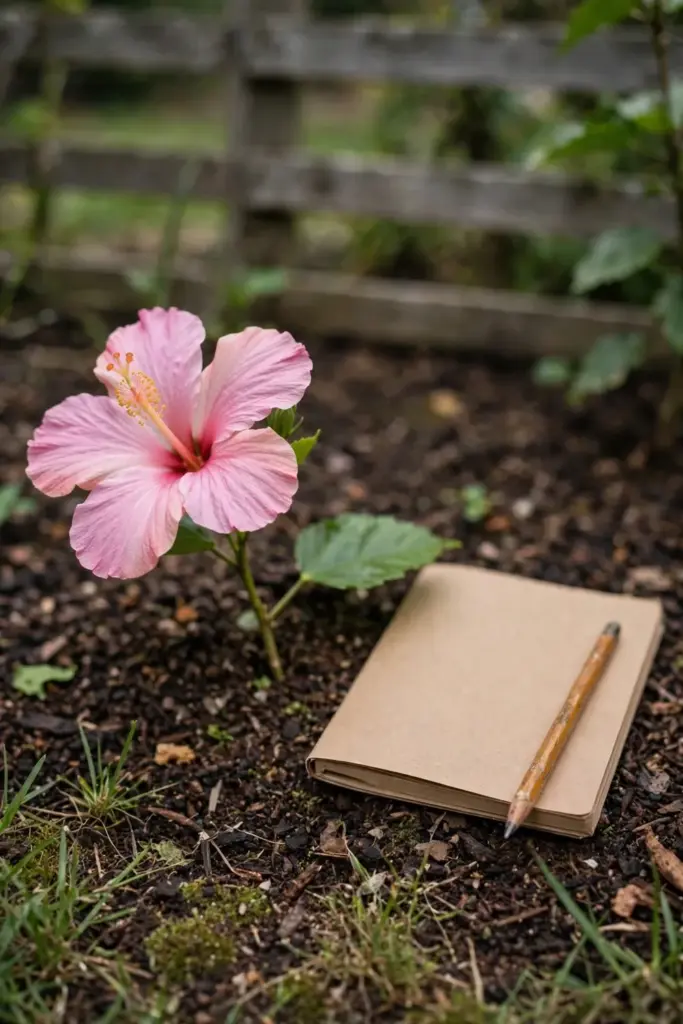 Named flower in a garden bed with a notebook and a leaf beside the stem