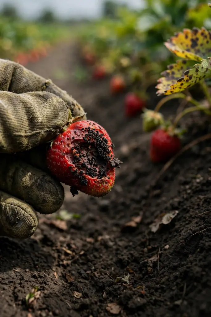 Rotted strawberry berry with black spore masses, held in a worn garden mitt.