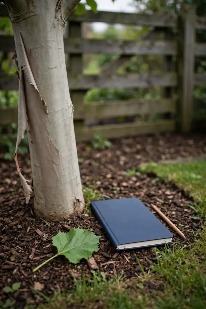 Named tree in a garden bed with a notebook and a leaf beside the trunk